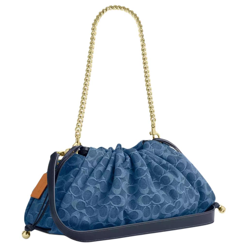 Coach Faye 11 Jacquard Design Metal Accents Iconic Denim And Vachetta Leather Shoulder Bag Large Women Shoulder Bag Light-Blue CDB97-IMTY