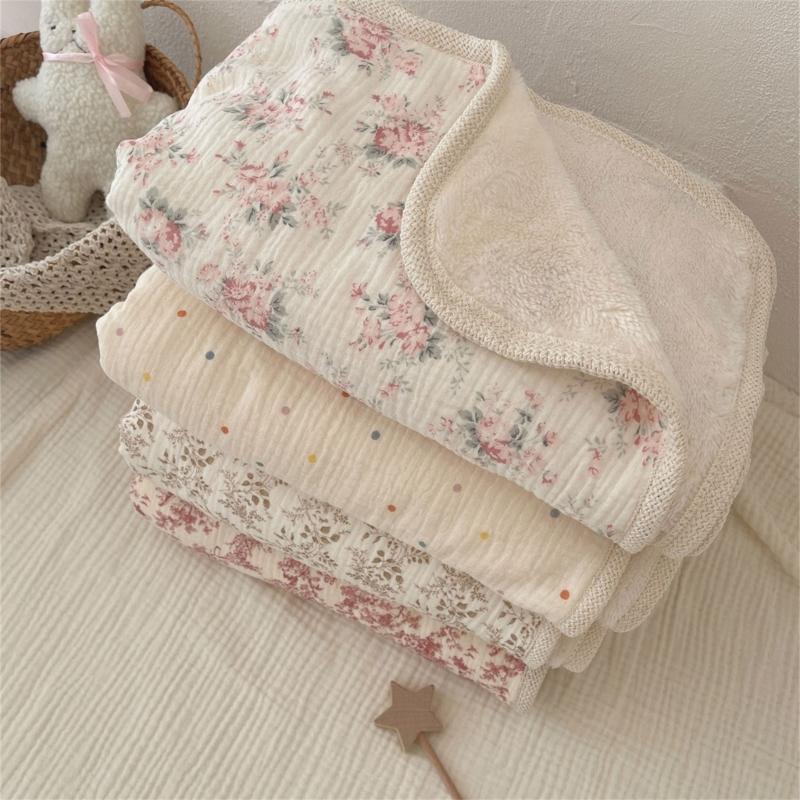 Couverture en Coton Imprimé Réversible Bord Crochet Fleur Couverture Polyvalente Double Épaisseur Chaude pour Bébés & Adultes