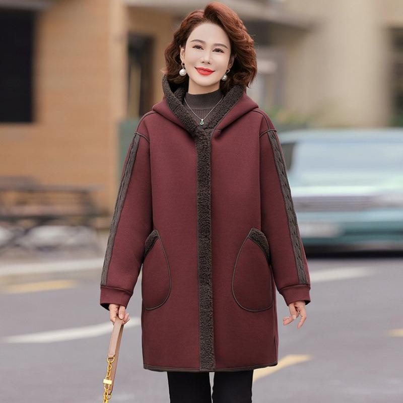 

Autumn and winter hooded loose coat women s lamb wool double-sided wear medium and long cotton coat 1XL [recommended 80-50kg]