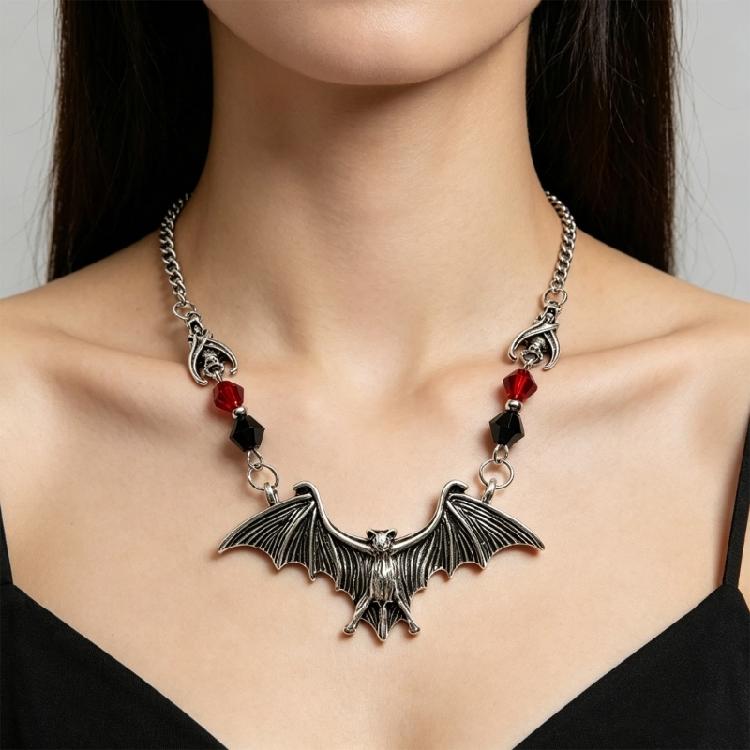 Goth Jewelry Bat Pendant Necklace with Adjustable 41-50 cm Chain and Faceted Bead Detail for Daily Wear Costume Looks