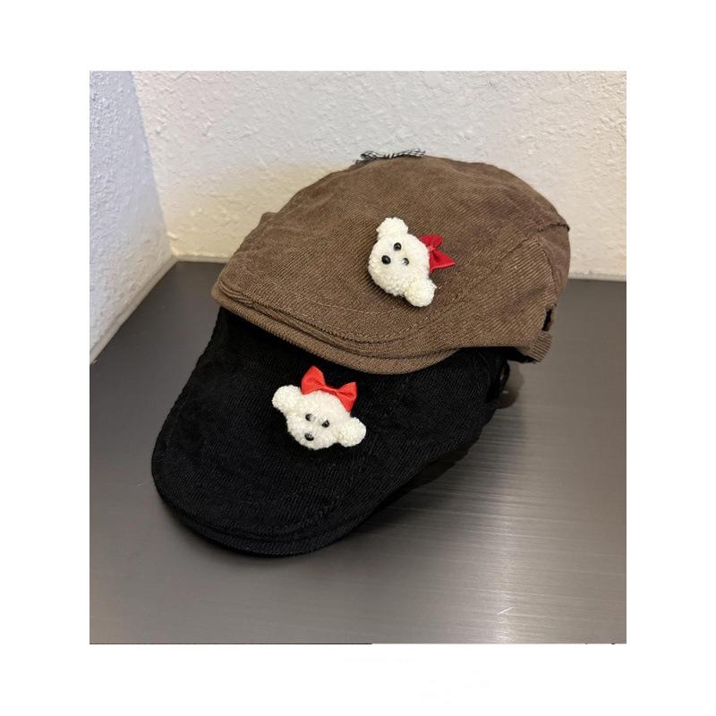 Cute Teddy Bear Flat Cap, Corduroy Newsboy Hat with 3D Bear Bow Decor, Casual Beret for Women & Girls