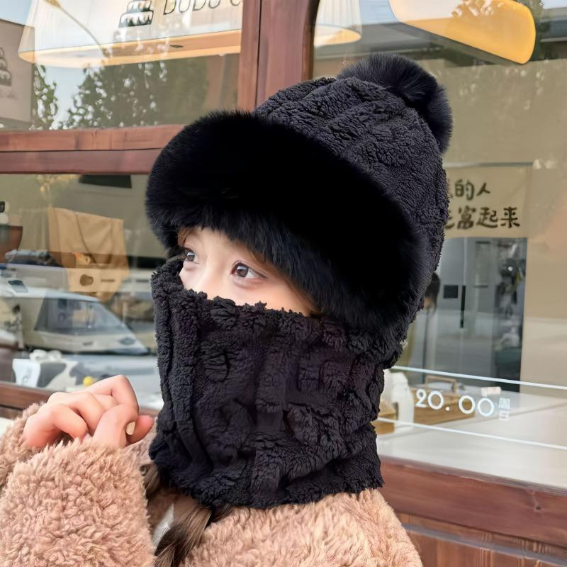 Hat, scarf, integrated fleece and thickened women's autumn and winter versatile cycling windproof and cold-proof electric vehicle thermal cover hat