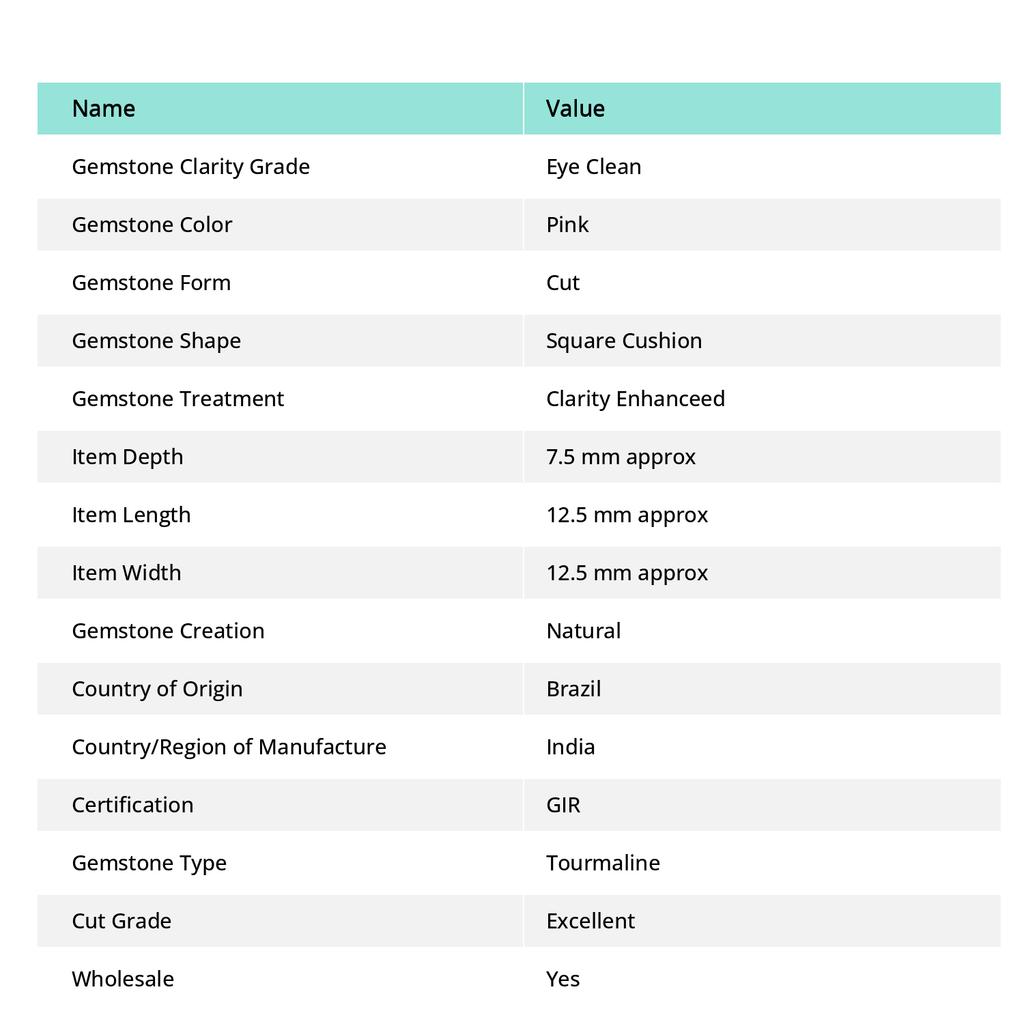 Pink Tourmaline Natural Loose Gemstone 12.35 Ct Certified Square Cut