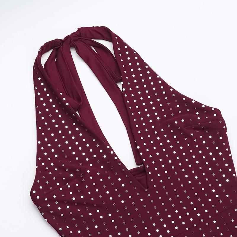 Seksowny kombinezon z dekoltem halter i głębokim dekoltem w serek, z hot drill, cienki, błyszczący, wyszczuplający, w stylu Spice Girl, casualowy