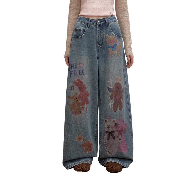 

UNIFREE American Retro Graffiti Print Loose Wide-Leg Jeans M