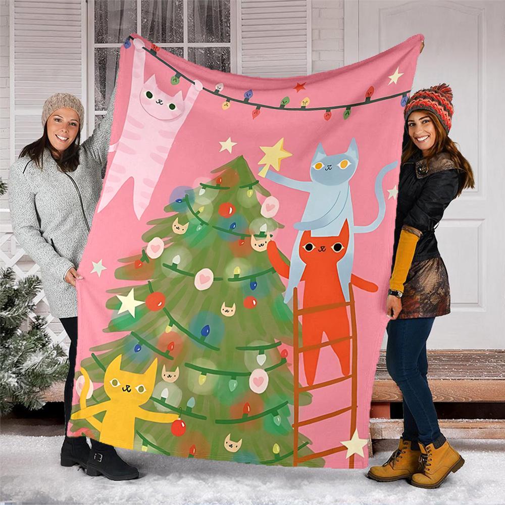 1pc Cat Christmas Outdoor Personalized Flannel Blanket, Soft, Lightweight Personalized Flannel Blanket, Digital Printing,