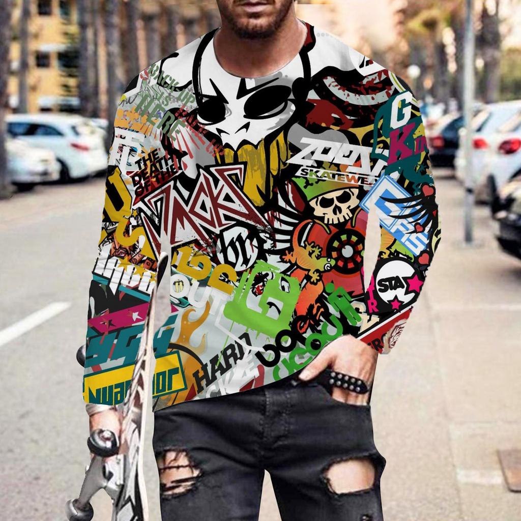Men's Fashion Casual Printed Long Sleeve O-Neck Shirts Tops Blouse