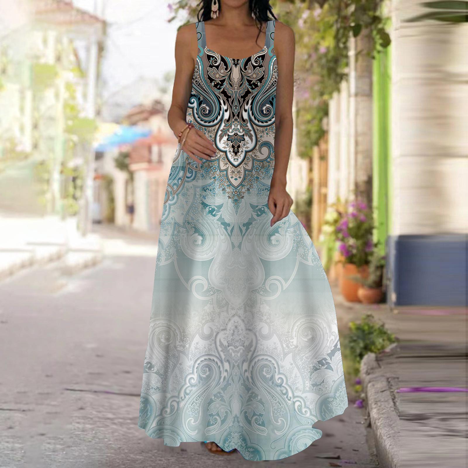 

Женское платье-комбинация, длинное платье макси, изысканные узоры, принт, платье для весны и лета, V-образный вырез, для отдыха и отпуска 8XL светло-синий
