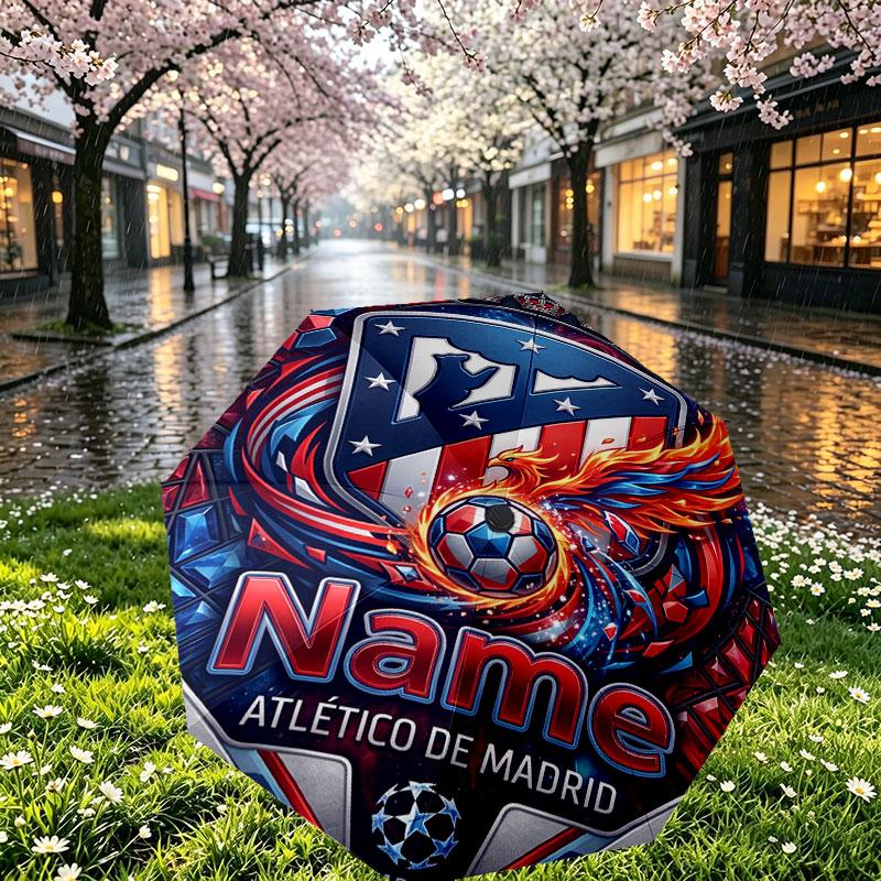 Custom Name Personalized Atletico Madrid Print Umbrella, Auto Open Close, 8‑Rib Sturdy Frame, Commute Camping Hiking Use, Birthday Gift