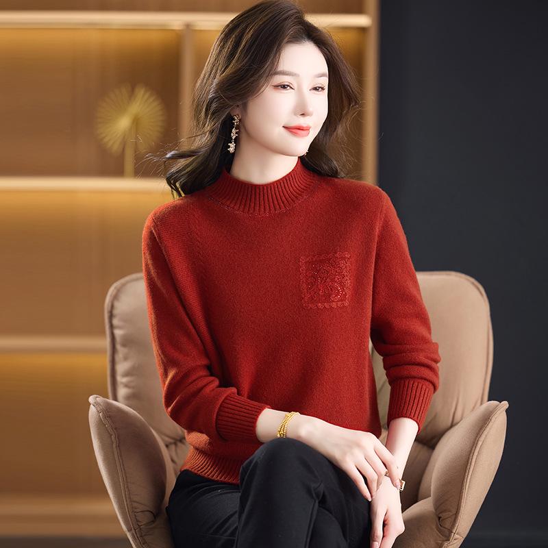 100% reine Schurwolle Damen Pullover mit halbem Stehkragen - Warme Strick-Basisschicht für mittlere und ältere Menschen