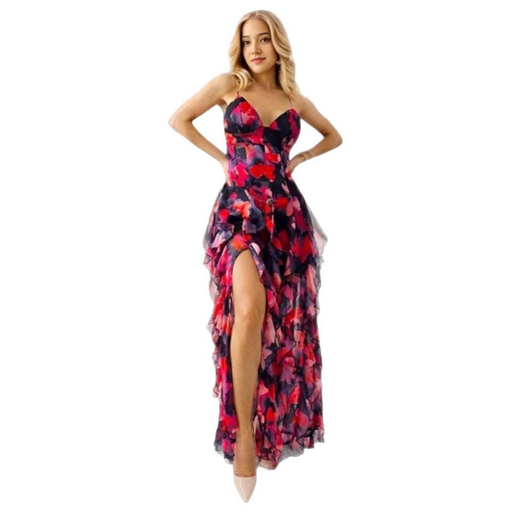Off-the-shoulder European and American Women's Clothing Fashion Chiffon Printing Fairy Long Temperament Evening Dress Dress