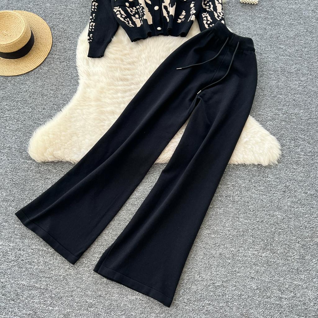 Autumn Winter Women Casual Print Knitted Sweater Trouser Two Piece Set Single Breasted Jacket Tops and Drawstring Pant Tracksuit