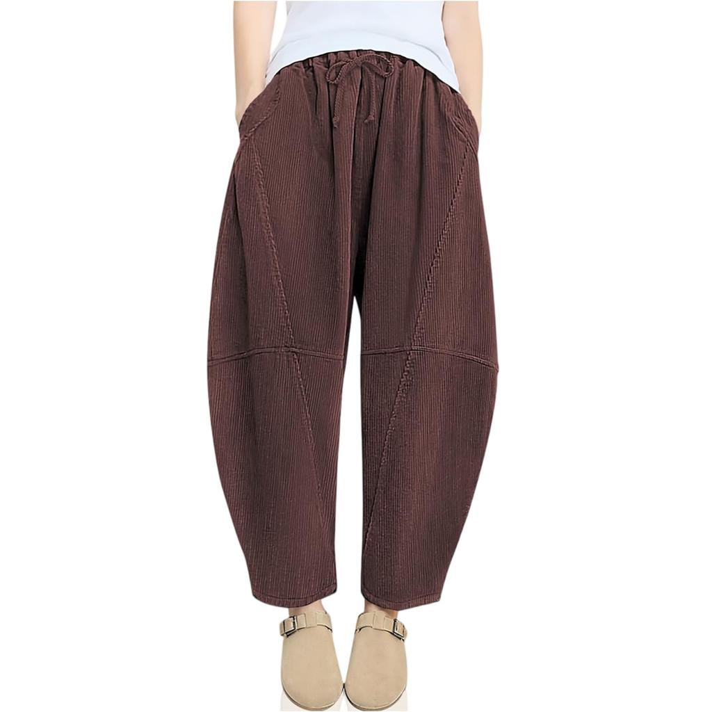 Womens Corduroy Pants Barrel Casual Loose Baggy Drawstring Wide Leg Palazzo Pants With Pockets