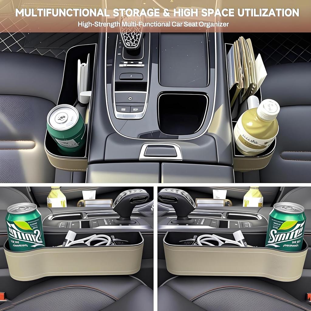 2026 Upgraded 2 PC (L+R) Premium PU Leather Car Seat Gap Filler Organizer With Cup Holder & Storage Slot/Bag– Fits Front Seat, Holds Phone,