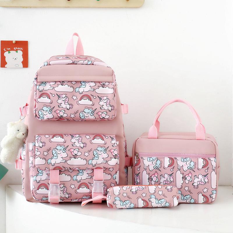 School bag new lightweight nylon backpack female cute cartoon three-piece set primary school students large-capacity school bag, fashionable