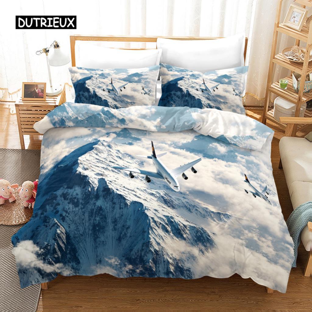 Plane Duvet Cover Microfiber Airplane Flying Through The Blue Sky Plane Theme Bedding Set for Boys Girls Double Queen King Size