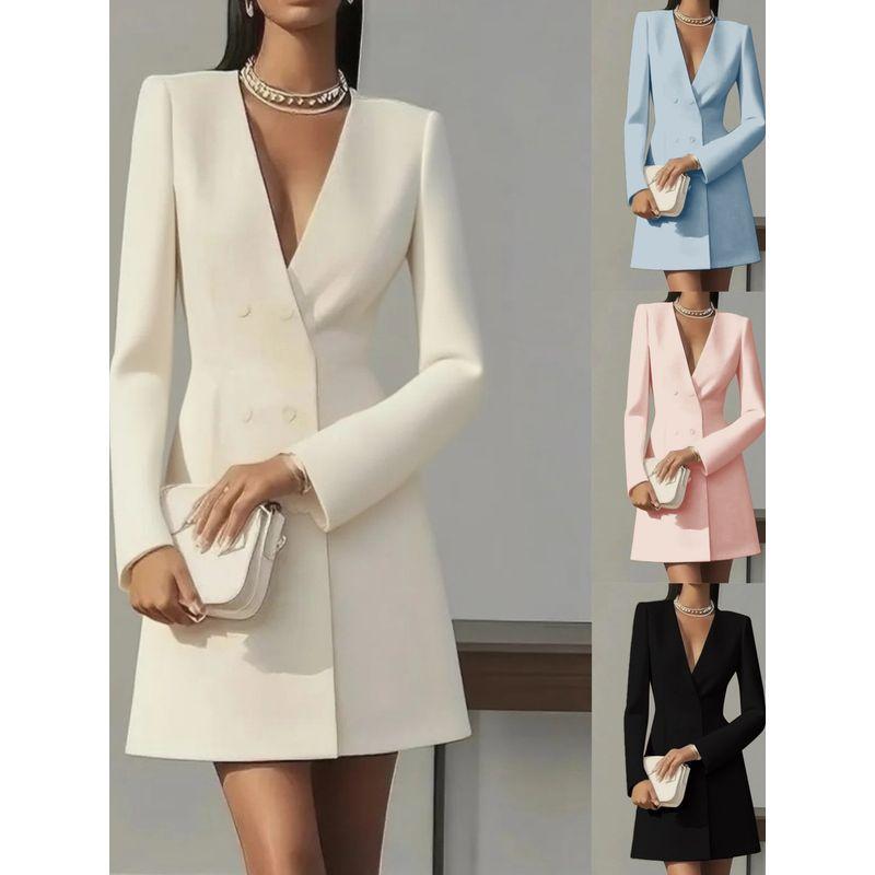 European and American Autumn Double Breasted Solid V-neck Suit French style Women clothes Long sleeve Professional Dress Female Suit Dress