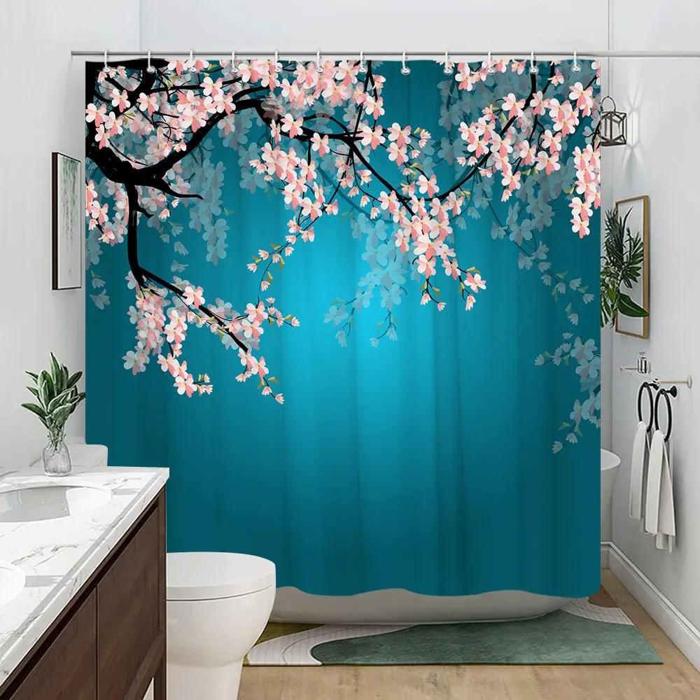 1Pc Cherry Blossom Shower Curtain With Gradient Teal Background - Serene Pink Blossoms On Curved Branches, Minimalist Aesthetic,
