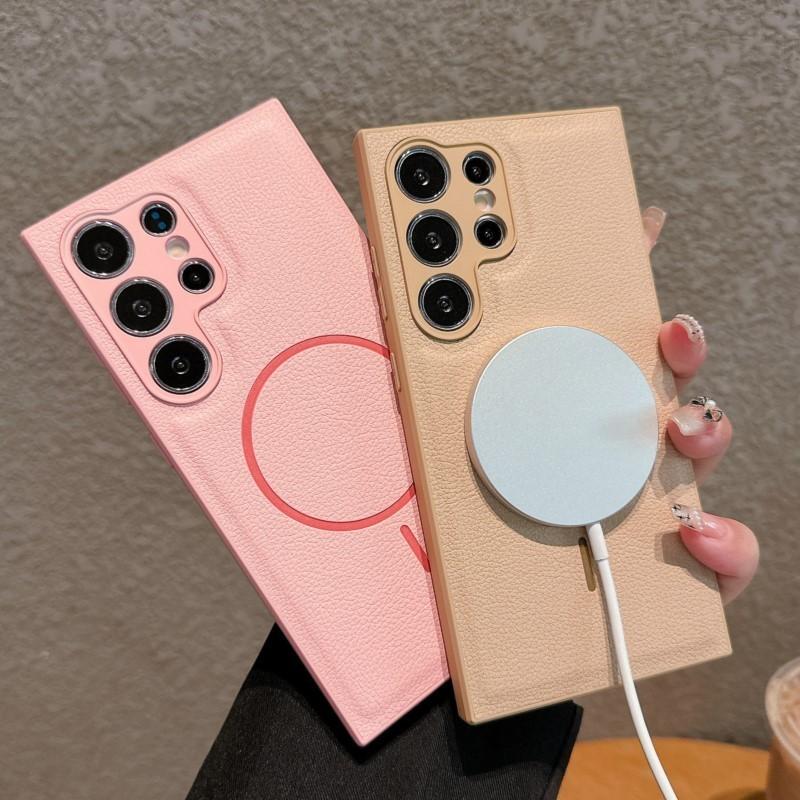 Luxury Leather Phone Case For Samsung Galaxy S25 S24 Ultra S23 S22 Plus Wireless Charging Magnetic Back Shockproof Bumper Cover
