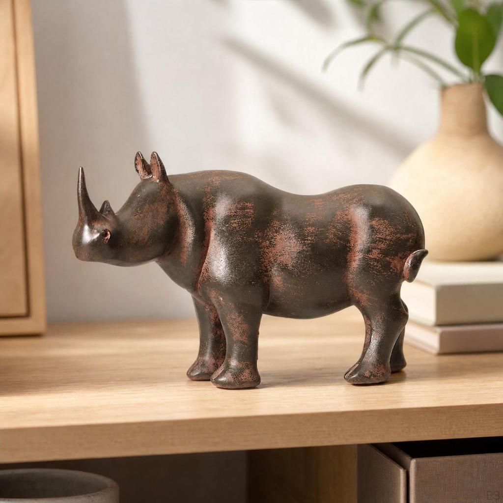 Resin Rhinoceros Figurine Distressed Animal Statue Vintage-Inspired for Office