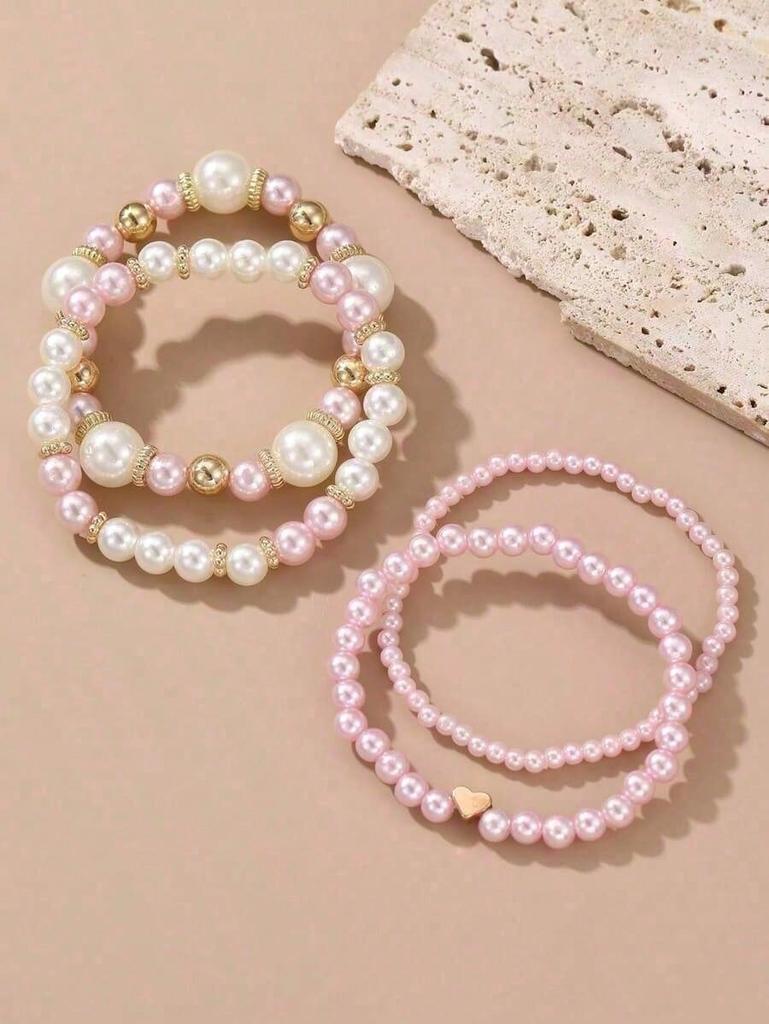 Women Elegant Faux Pearl Beaded Bracelets Combination Fashion Party Accessories