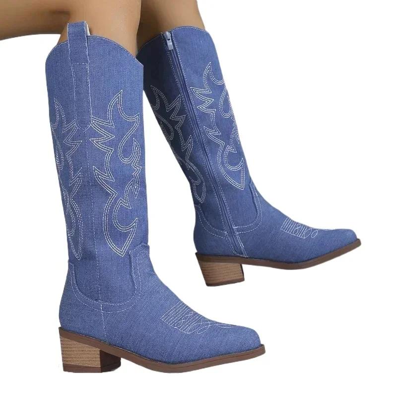 

Fashion Women Chelsea Cowboy Knee High Boots for Women Mid Heels Walking Shoes Winter Fashion Zipper Chunky Boots Pumps Punk High Botas 36 белый