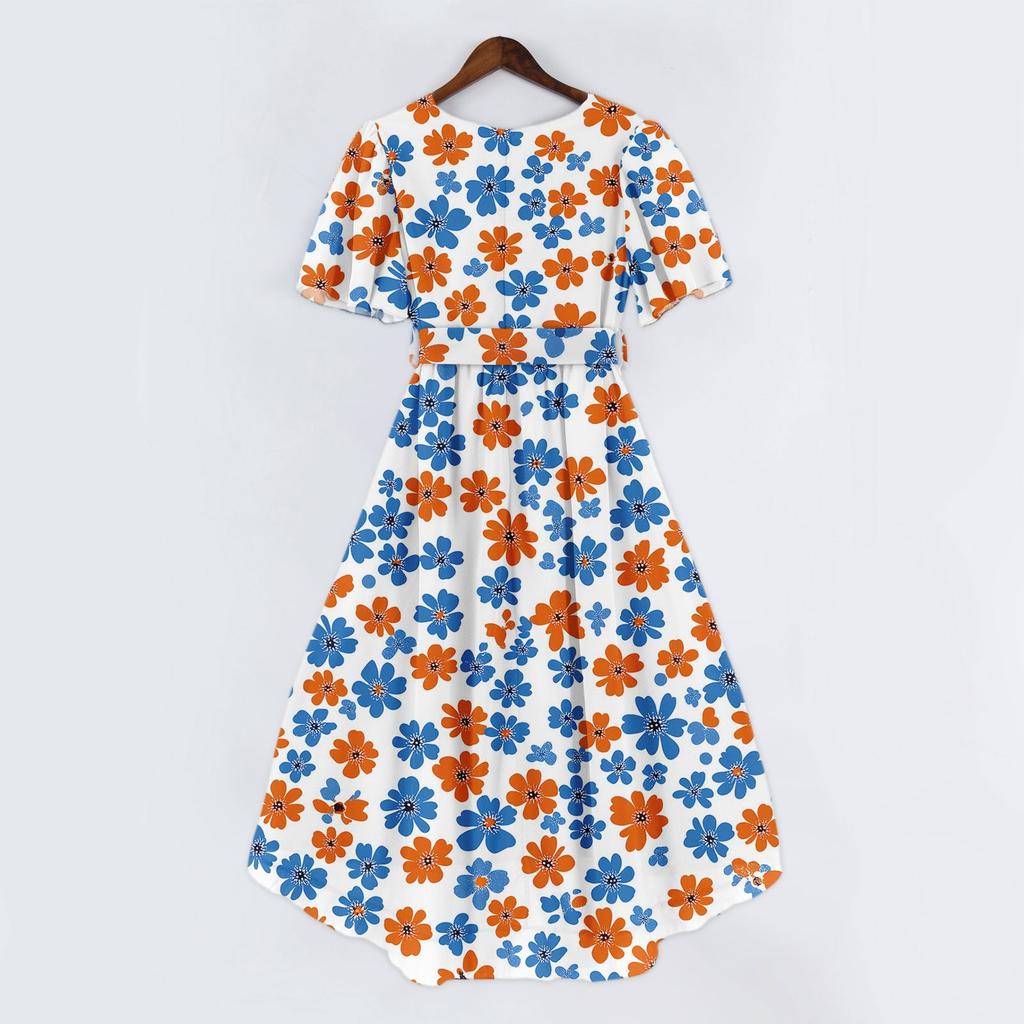 Women's Summer Floral Printed Casual Wrap V Neck Ruffled Hood Short Sleeves Belt A-Line Ruffle Hem Midi Sundress