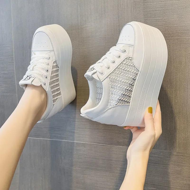 Fashion 12cm New Air Mesh Leather Genuine Platform Wedge Flats Summer Spring Boot Ankle Women High Brand White Fashion High Heels Shoes