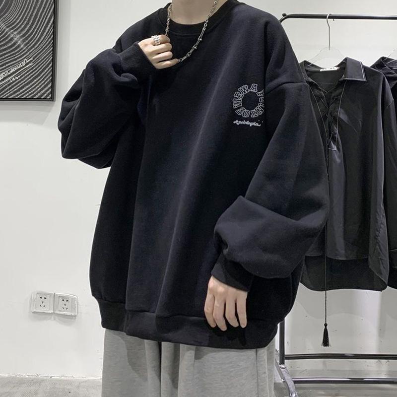 Round Neck Hooded Sweatshirt Men's Autumn and Winter High Street Loose Casual Velvet Thickened Jacket