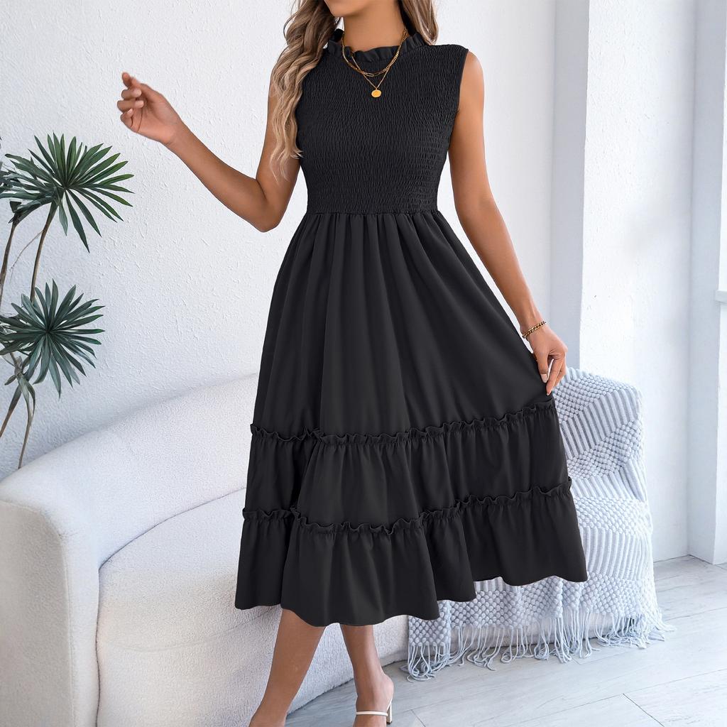 Women's Fashionable Color Round Neck Casual Sleeveless Dress With A Gathered Waist And Black Fungus Edge