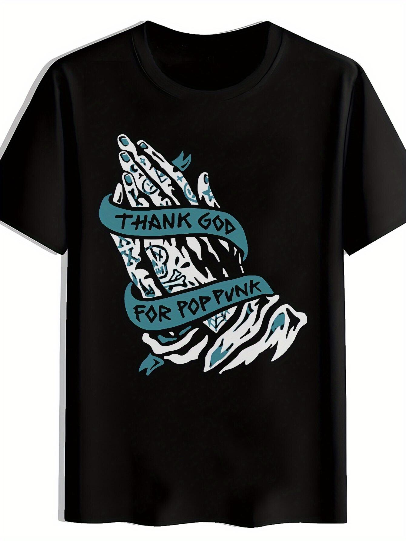 

Punk Rock Graphic T-shirt - Vintage Band Design with Thank God for Pop Punk Text L