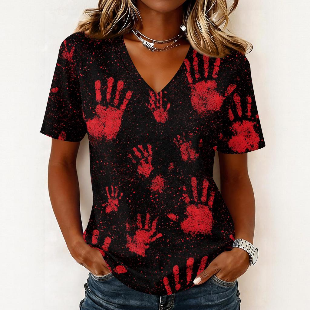 Women's Casual Short Sleeve V Neck Pullover Top Halloween Print Lightweight Loose Fit Tee Shirt