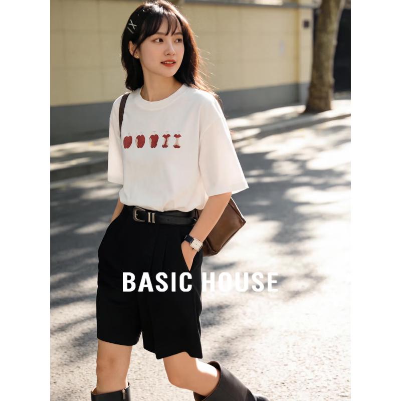 Basic House Women s Printed Linen Blend Elbow Sleeve T-Shirt S