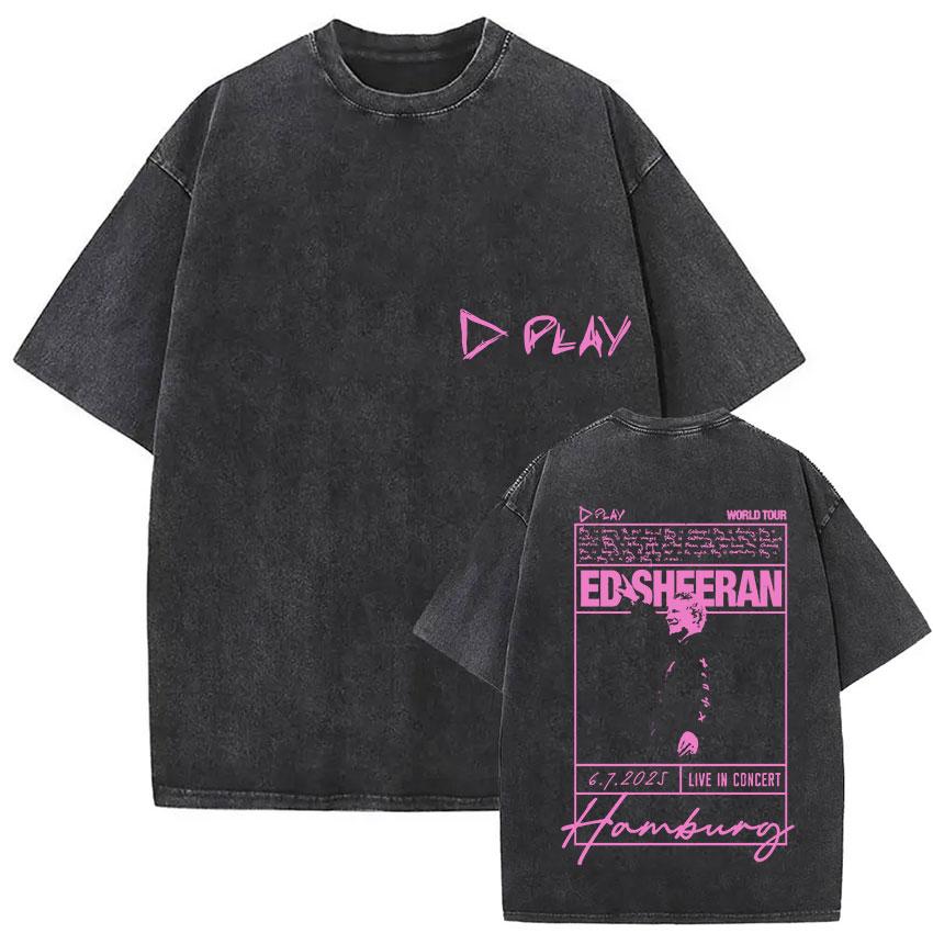Vintage Washed Ed Sheeran Play Tour 2026 Pop Music TShirt Men Women Harajuku Fashion Fans Oversized T Shirt Hip Hop Streetwear