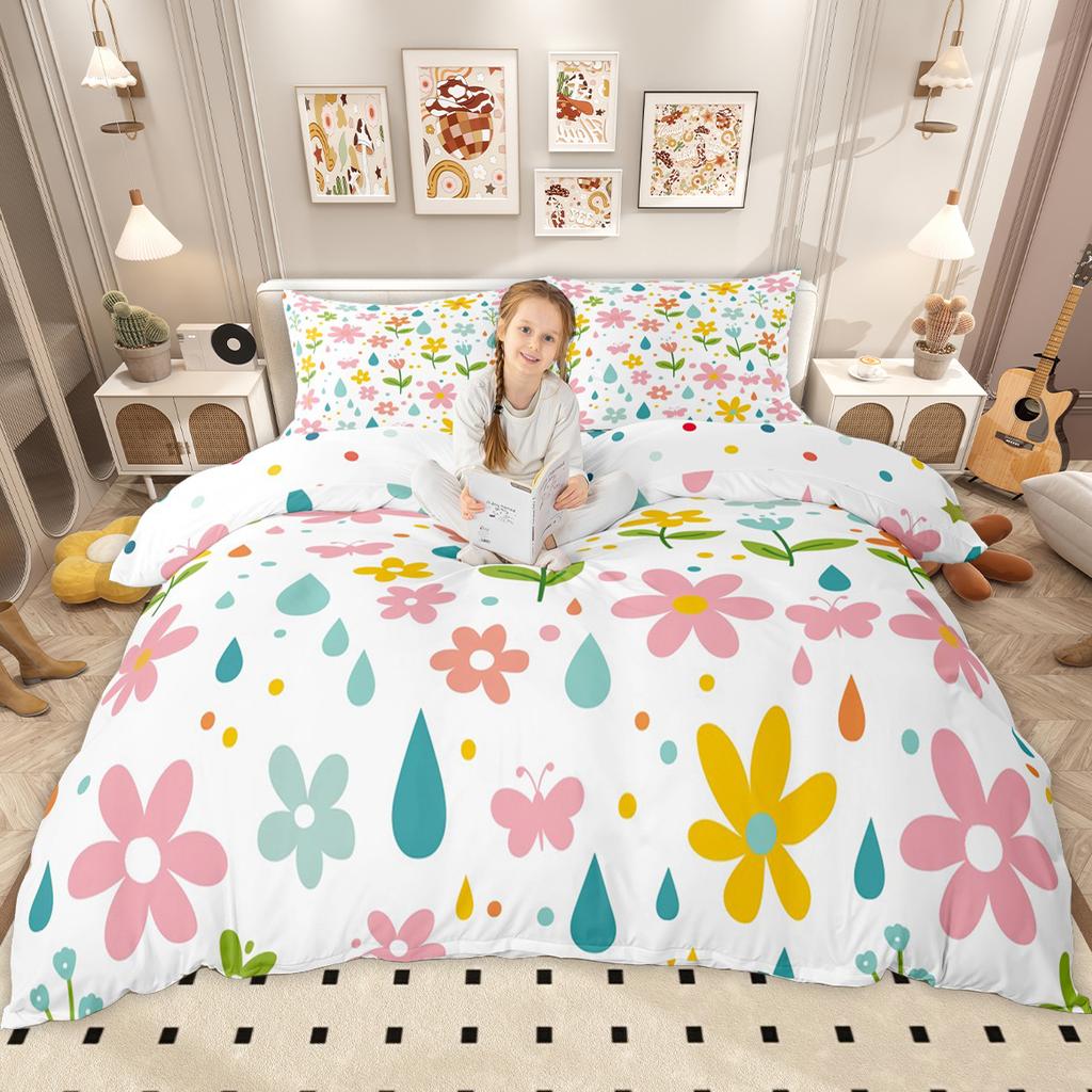 Homewish Cute Groovy Floral Duvet Cover Set for Girls, Vintage Butterfly Flower Bedding Set, Cartoon Blossom Comforter Cover Set