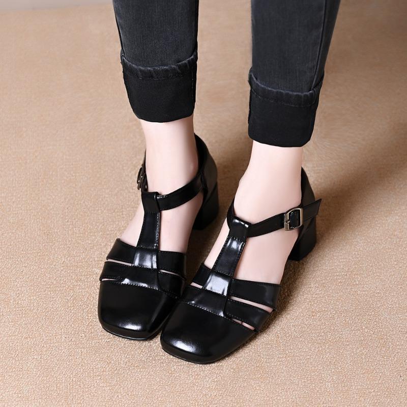 Comfortable Closed-toe Shoes, Women's Retro Hollowed-out Shoes, One-strap Versatile Chunk-heeled Sandals