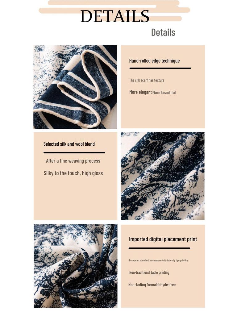 Retro Blue & White Silk Wool Double-Sided Scarf - Elegant Large Square for Autumn/Winter