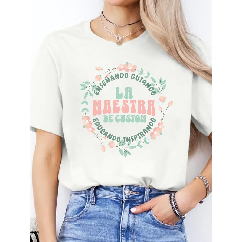 Women's Spanish Alphabet Print T-Shirt - Spanish Language Learning, Casual Short Sleeve Round Neck Blouse for Spanish Class & Casual Attire