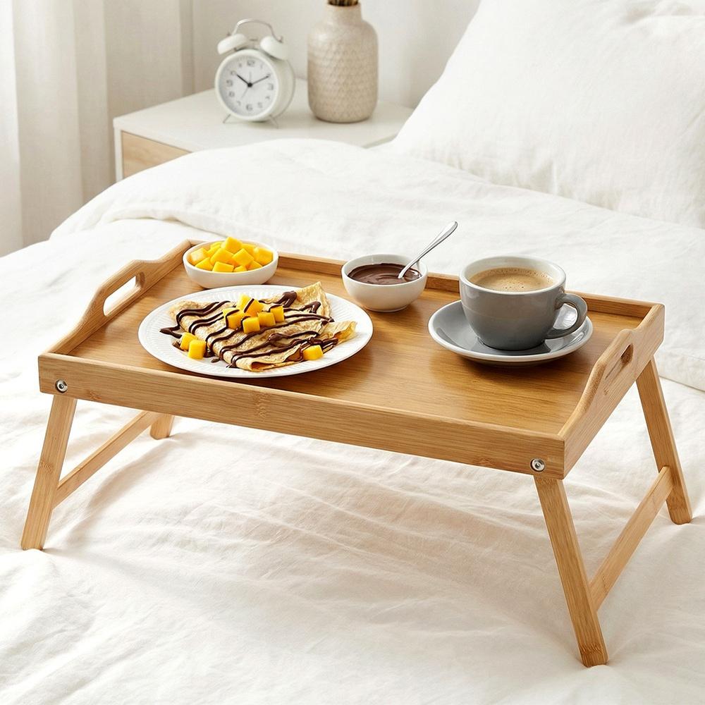 Stolik Bambusowy Śniadaniowy Pod Laptop Składany Taca Deska do Łóżka 2w1