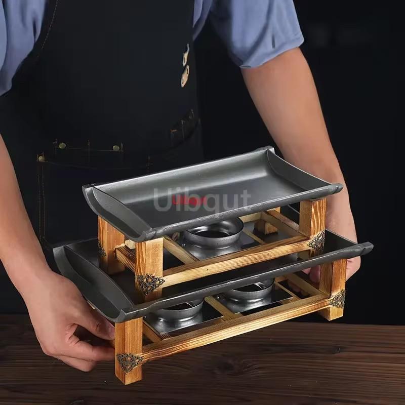 Heavy-Duty Rectangular Iron Grill Pan with Non-Stick Surface for BBQ, Grilled Fish, and Dry Pot Cooking
