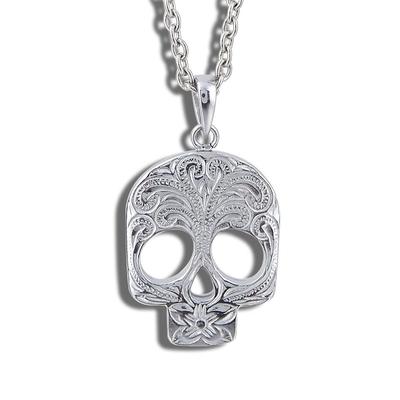 [Aloha Lokahi] Hawaiian Jewelry Necklace, Surgical Stainless Steel Pair Necklace, Skull Design, Stainless Steel Silver Figaro Chain (2mm Width), 40cm