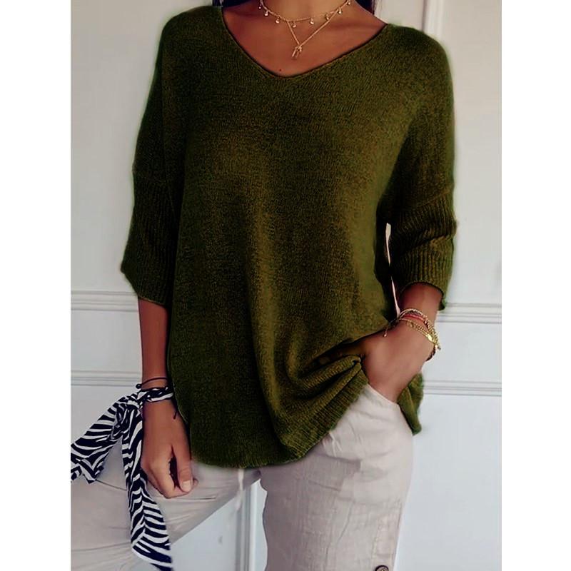 Women's V Neck Half Sleeve Knit Sweater Loose Fit Casual Solid Color Pullover Top