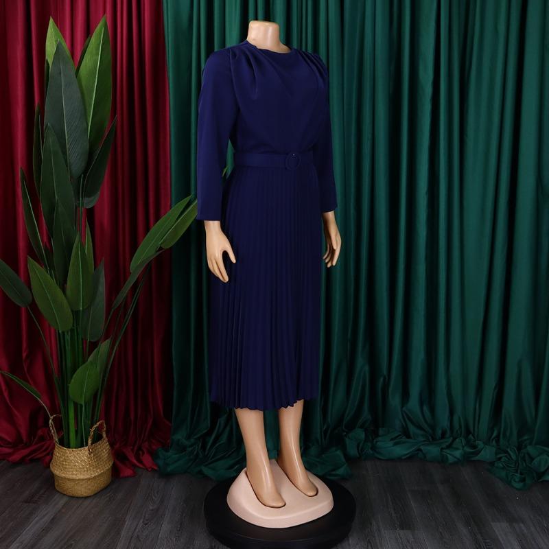 Women Elegant Solid Color High Waist Pleated Office Plus Size A Line Midi Dress