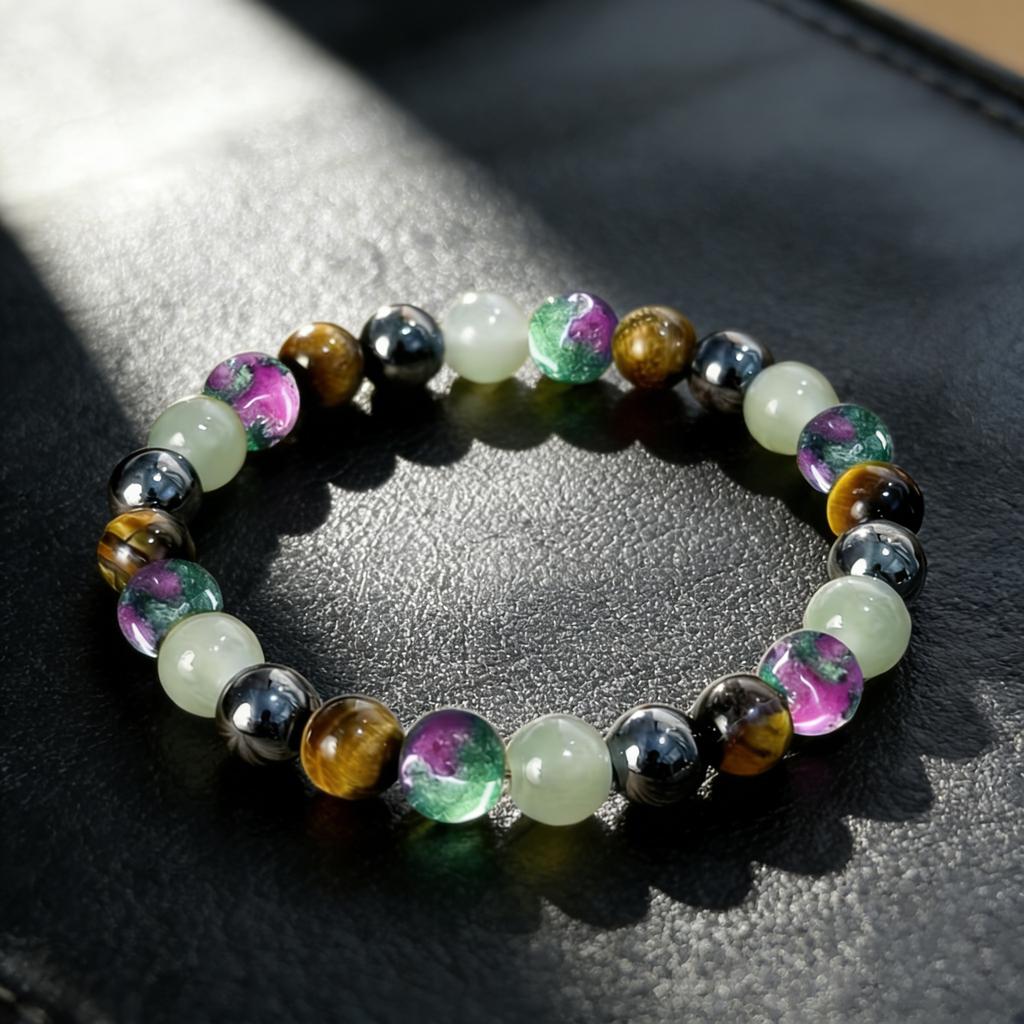 Crystal bracelet, natural tiger eye stone, red green gemstone, black stone bead bracelet, men's elastic bracelet