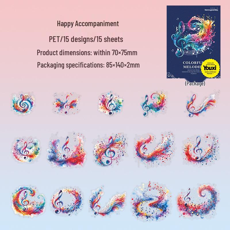 Beautiful Day Watercolor Blending PET Stickers: Colorful Melody Series - 15 Sheets with Musical Notes Theme