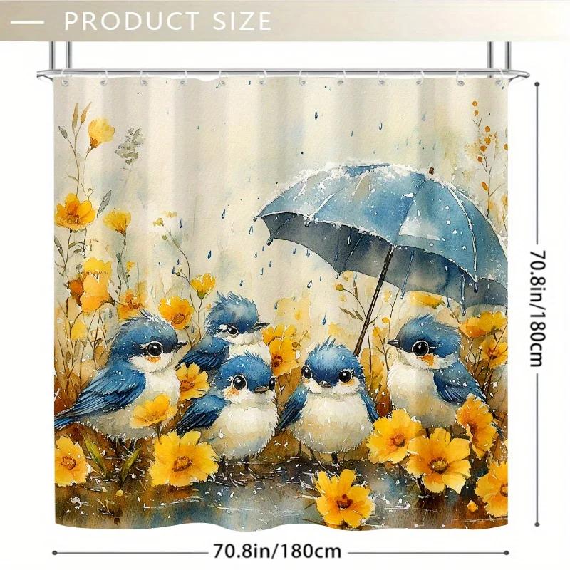 Cartoon Little Birds Shower Curtain - 71x71 Inch Polyester, 12 Hooks, Hand Wash, Ideal for Bathroom & Summer Home Decor