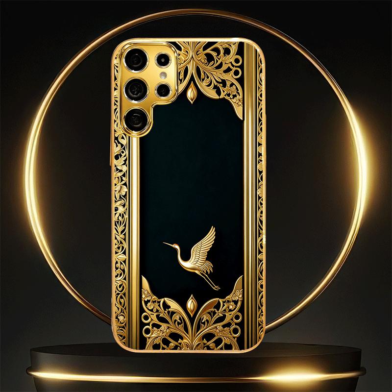 Schwarzgold Luxuriös Goldener Kran Hochwertige Galvanisierte Glas Handyhülle für Samsung Galaxy S26 S25 S24 S23 S22 FE, Ultra, Plus