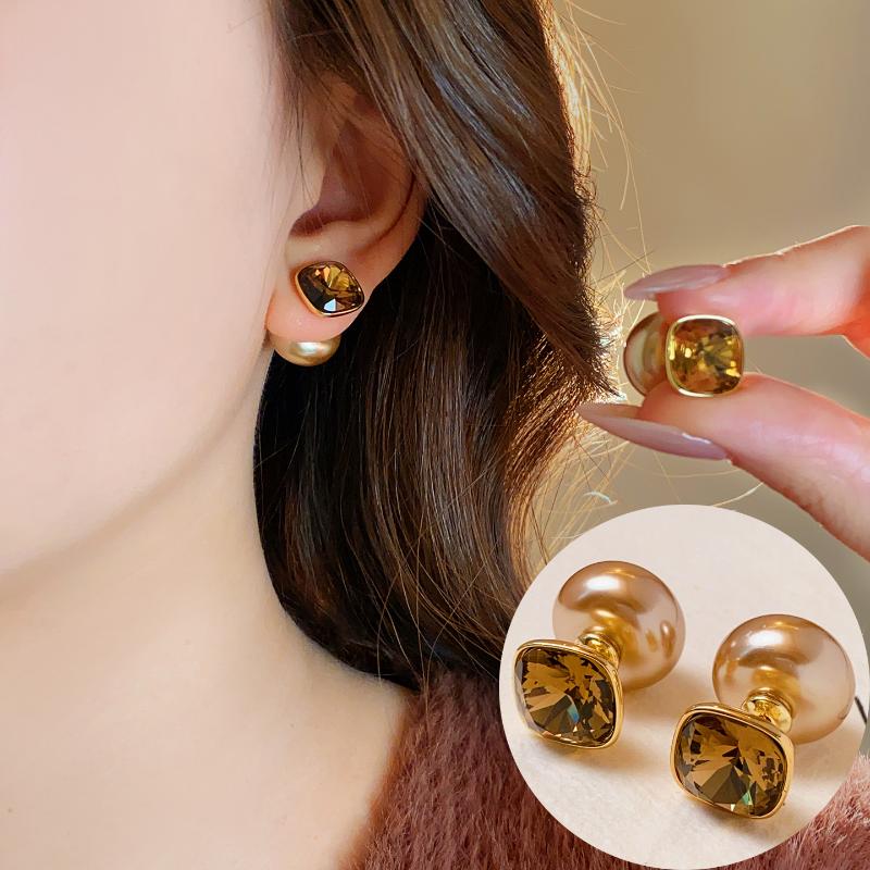 Luxury Champagne-Colored Pearl Square Earrings Women'S Personalized Two-Wear Style Earrings Jewelry Gifts
