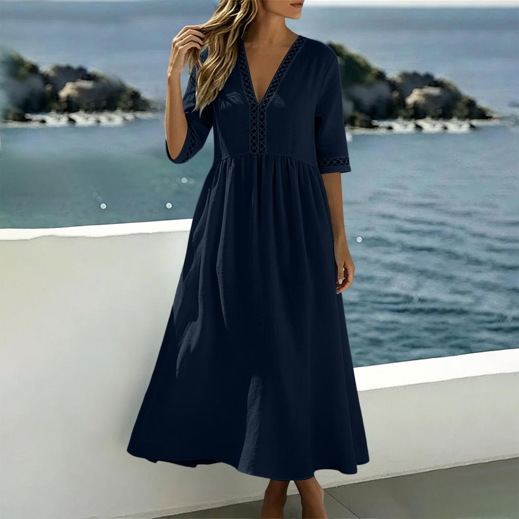 Women Casual Loose Fit V Neck Short Sleeve Dress Cotton Linen Blend Midi Length Summer Dress with Lace Trim Detailing