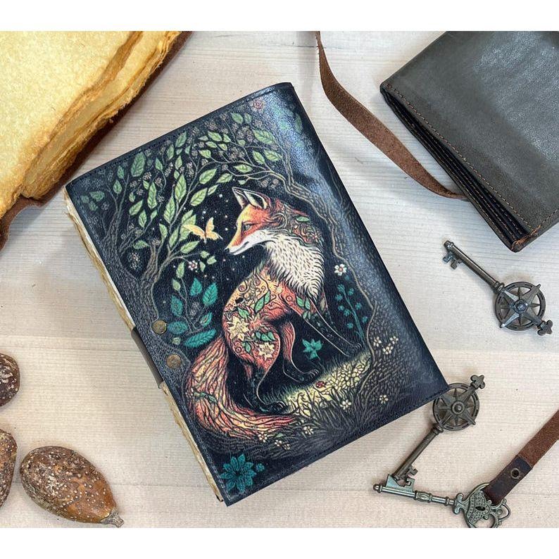 Fox Print Leather Journal With Deckle Edge Paper Handmade Leather Journal Book of Shadows Perfect for Blank Spell Books Gift For Her Him